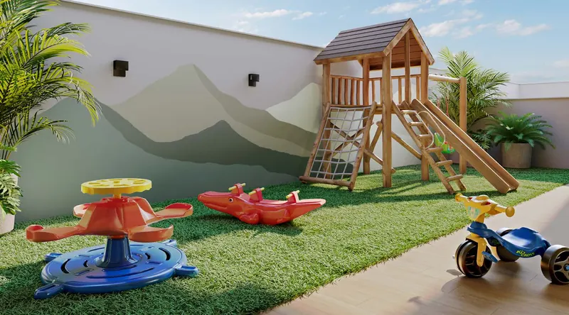 Playground do Dom Park Residencial com grama sintética, casinha e escorrega