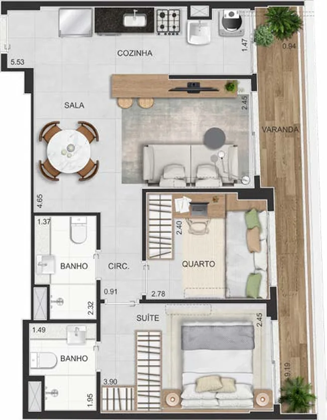 Planta do apartamento final 03 do Dom Park Residencial, com 1 suíte, 1 quarto e varanda lateral