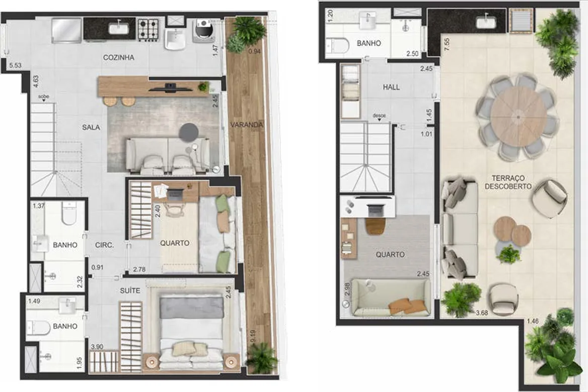 Planta dos dois pavimentos da cobertura dúplex 603 do Dom Park Residencial, com terraço descoberto