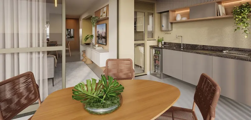 Varanda gourmet com bancada e pia em apartamento do Dom Park Residencial